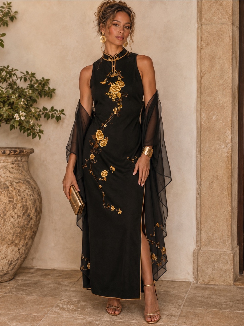 Embroidered Prom Dress Kimono Maxi Gown Qipao Cheongsam Ornate Lux Vintage Black